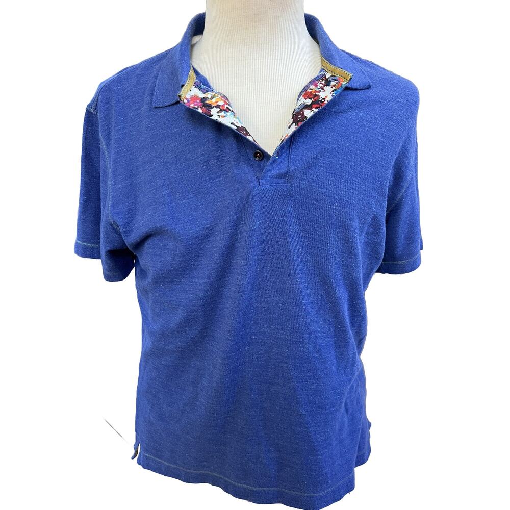 ROBERT GRAHAM Mens Medium Classic Fit Blue Floral Flip Collar Polo Shirt Cotton